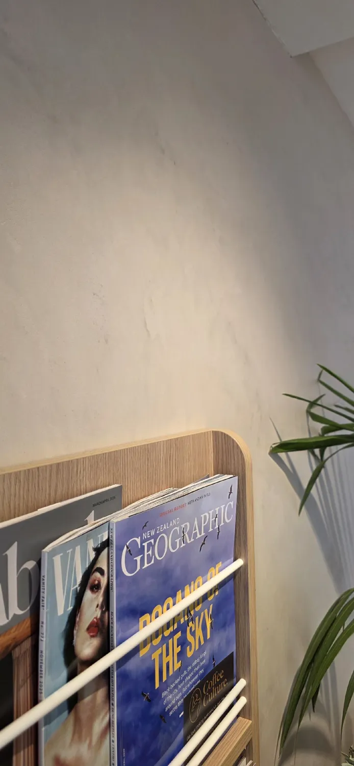 Polished plaster interior wall with magazine display in a cafe
